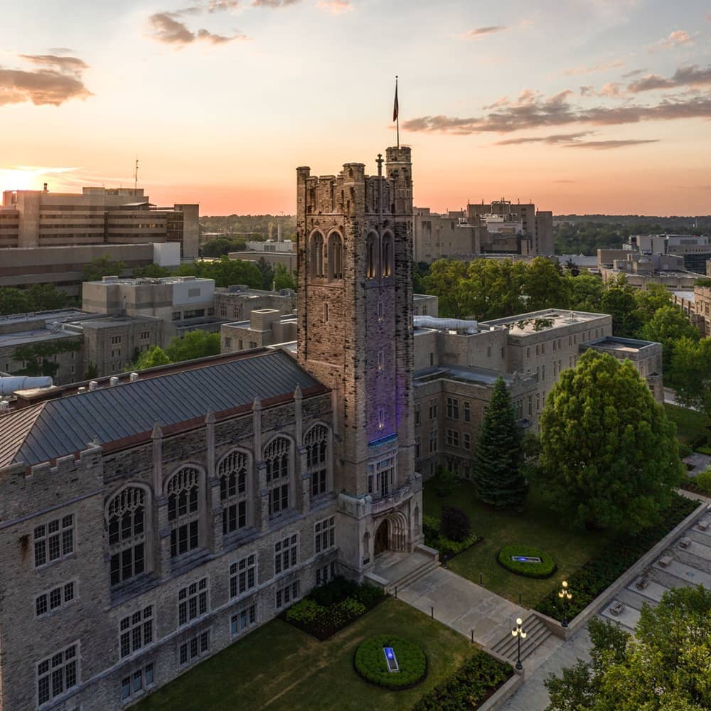 Arial photo of Western campus a sunset.